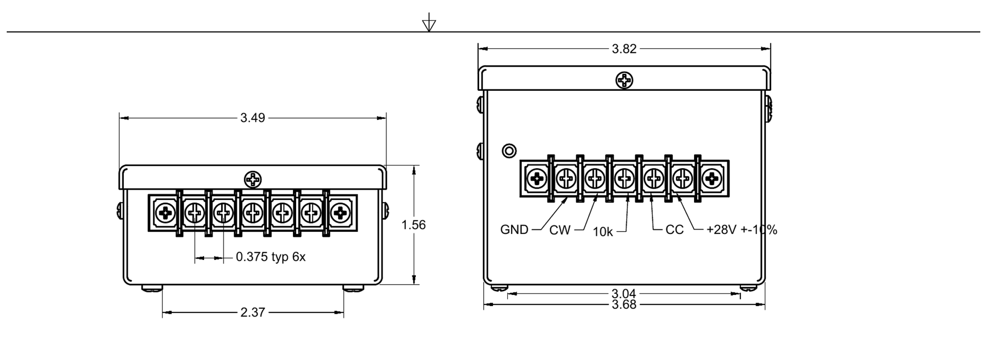RC Series compact and larger terminal-block dimensional views