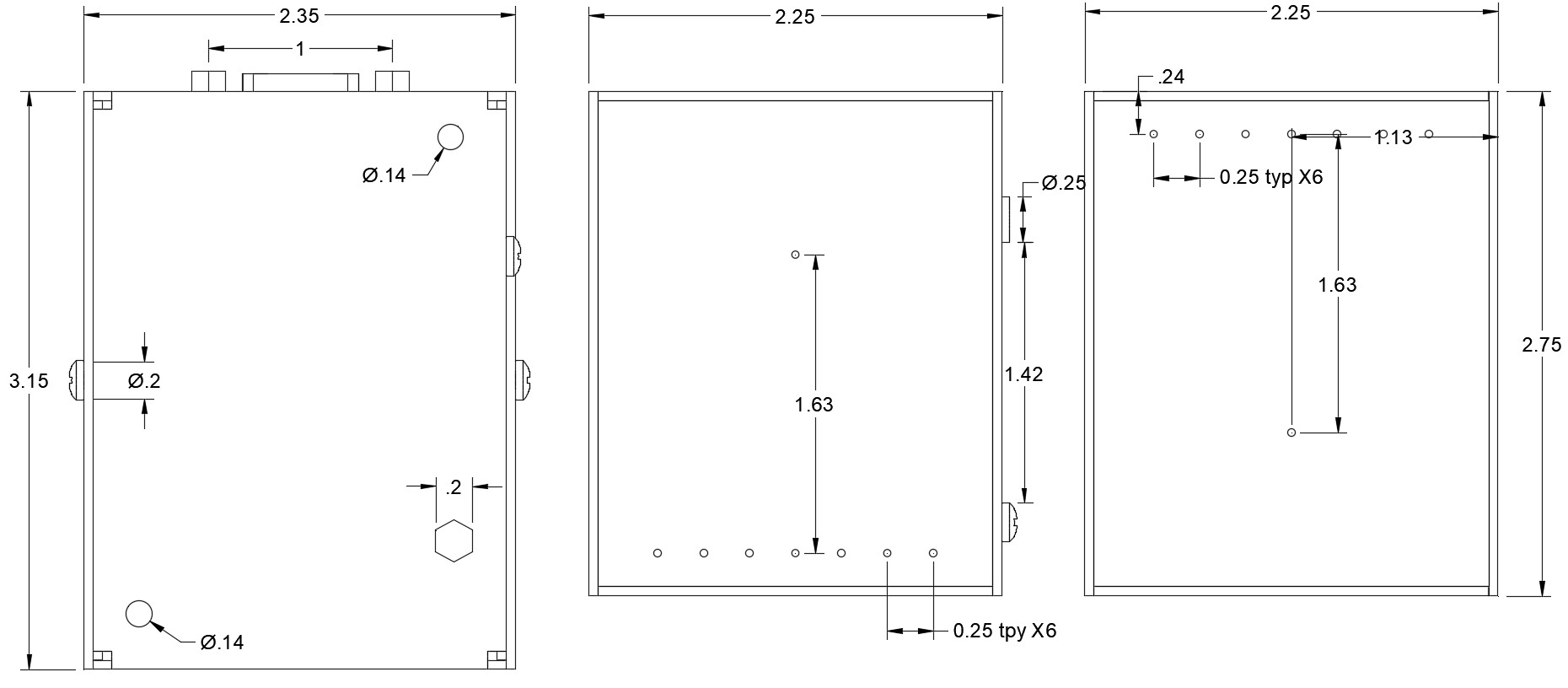 MCR Series bottom and mounting-footprint dimensional drawings
