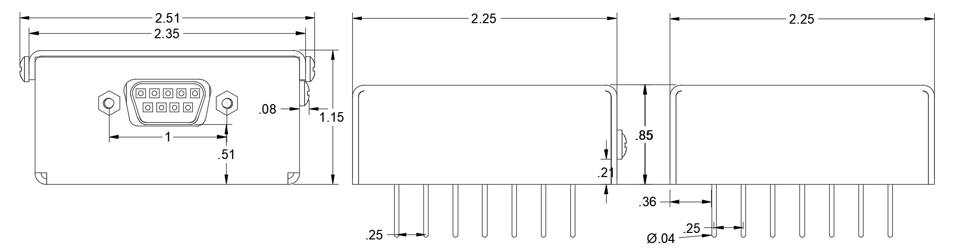 MCR Series connector and side dimensional drawings