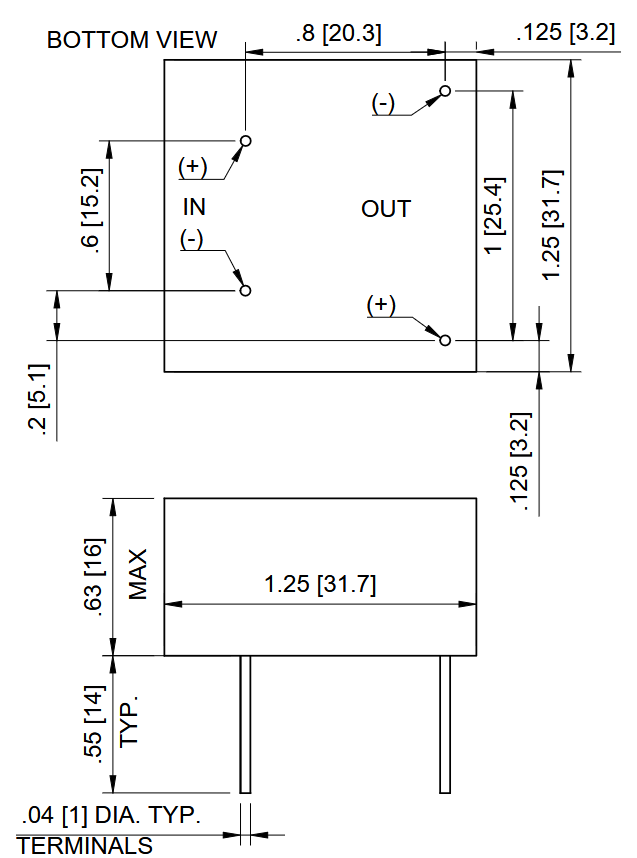 SM Series bottom and side mechanical drawing with PCB pin arrangement