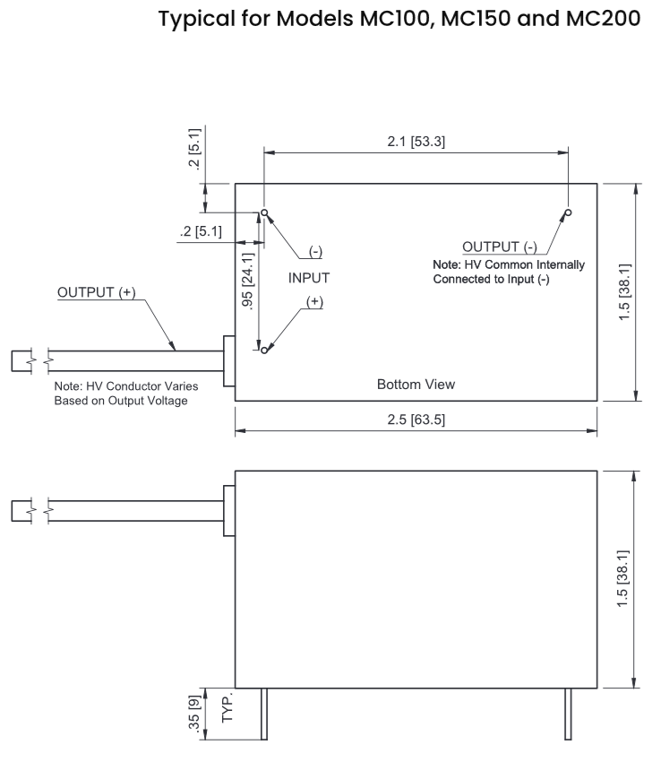 MC Series mechanical drawing for models MC100, MC150, and MC200