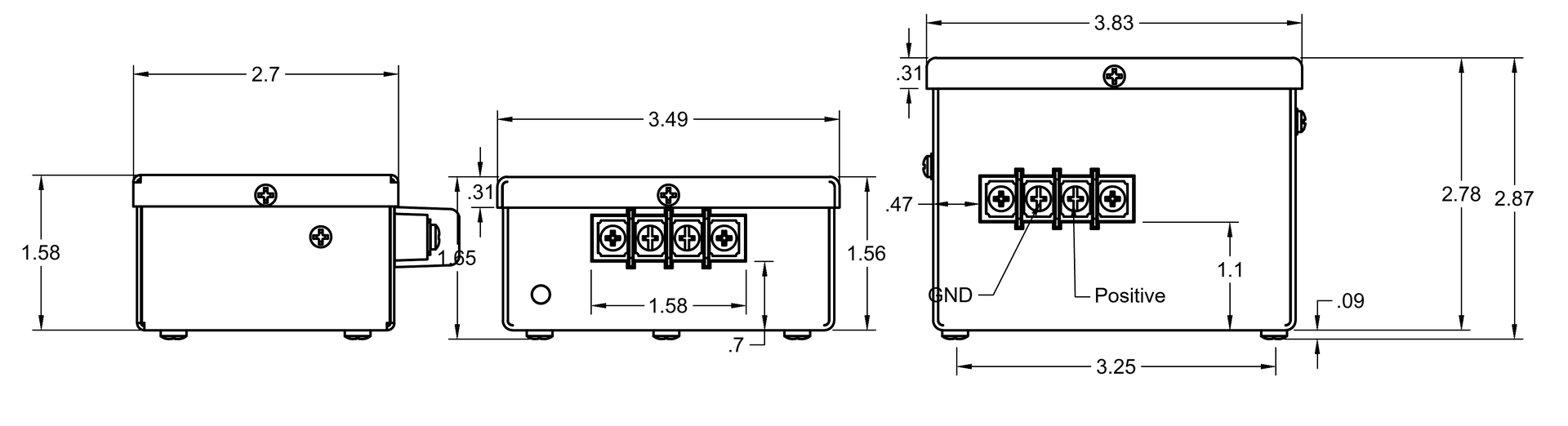 UC Series compact, intermediate, and large enclosure front views arranged left to right