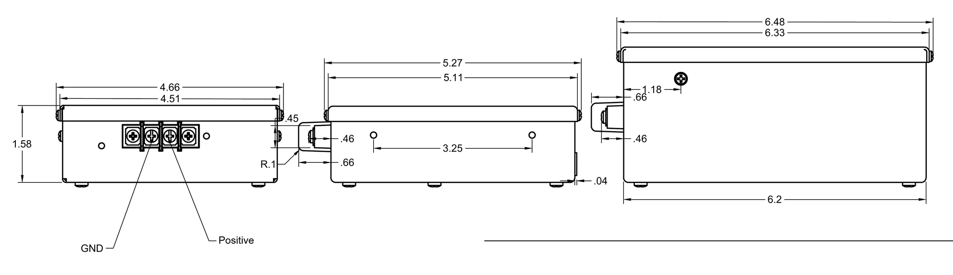 UC Series compact, intermediate, and large enclosure side views arranged left to right